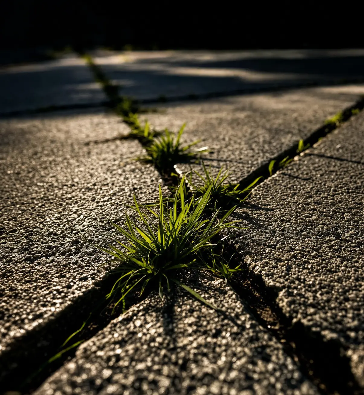 Grass and weeds growing out of a cracked concrete sidewalk joint
