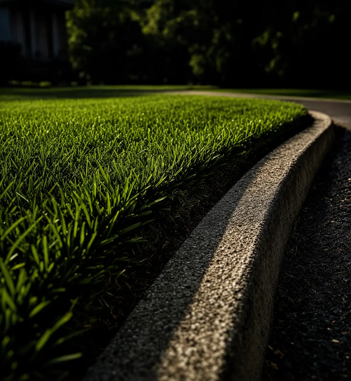 Sharp trimmed lawn edge along a concrete curb
